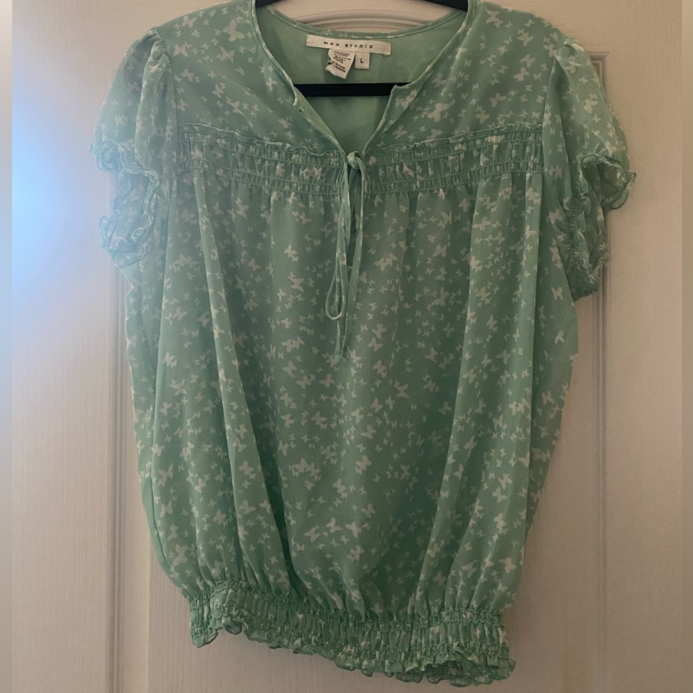 Sea foam green peasant top with white butterflies